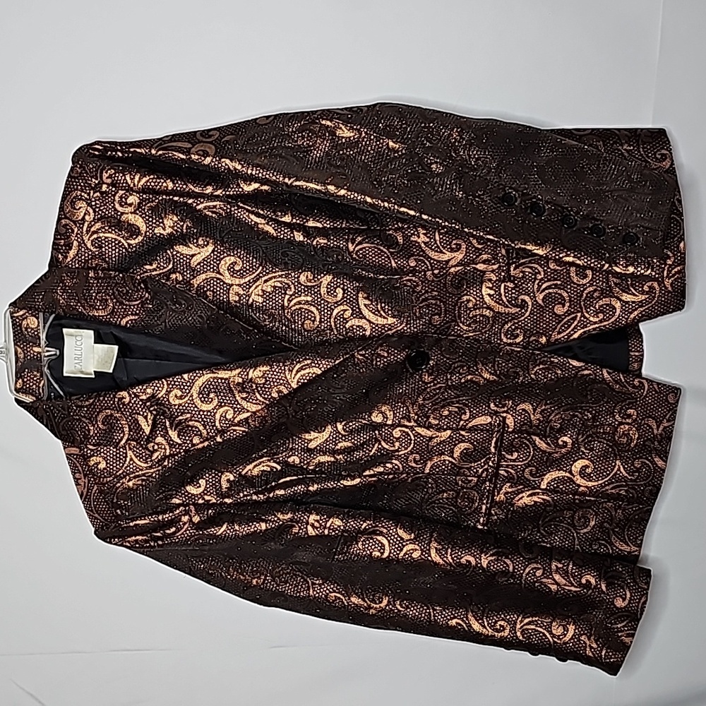 Carlucci shimmer gold paisley pattern one button collared blazer jacket sz M